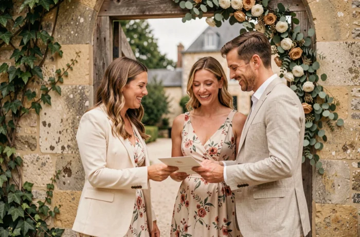 Coordinatrice de mariage accueillant des invités à l'entrée d'un château avec des programmes de cérémonie