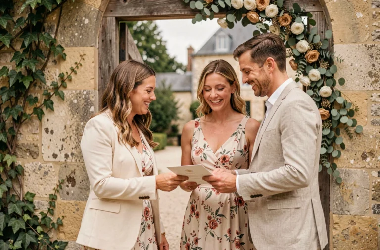 Coordinatrice de mariage accueillant des invités à l'entrée d'un château avec des programmes de cérémonie