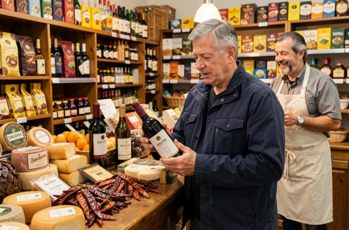 Homme comparant deux bouteilles de vin Rioja au comptoir d'une venta de Dancharia avec un vendeur souriant en tablier