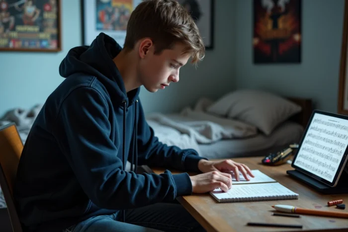 Adolescent apprenant la guitare électrique grâce à des tablatures gratuites sur tablette dans sa chambre