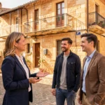 Agent immobilier présentant une maison en pierre typique à Pézenas à un couple d'acheteurs dans une rue historique de l'Hérault