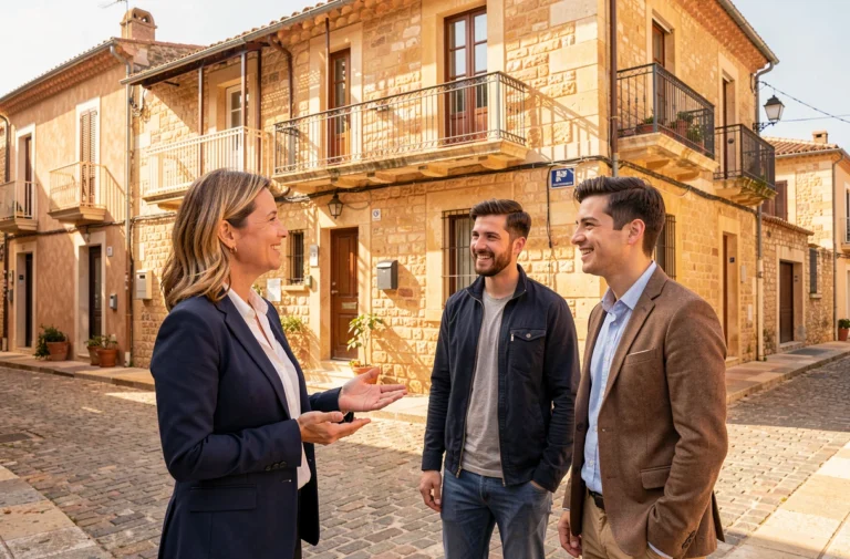 Agent immobilier présentant une maison en pierre typique à Pézenas à un couple d'acheteurs dans une rue historique de l'Hérault