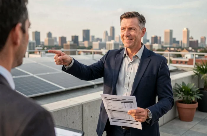 Agent immobilier présentant la valeur ajoutée des panneaux solaires sur un toit d'immeuble urbain, rapport d'estimation en main