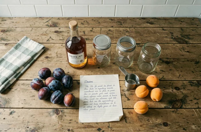 Mise en scène à plat d'une bouteille d'alcool de fruits, bocaux vides et fruits frais pour la conservation maison