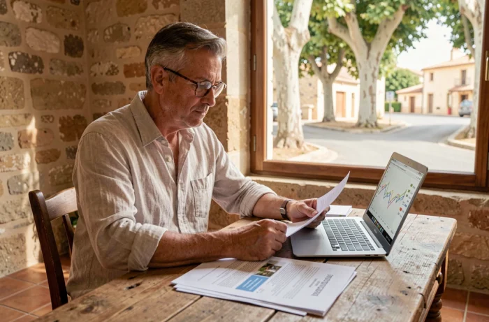 Professionnel de l'immobilier analysant les données du marché immobilier à Pézenas dans une agence aux murs en pierre