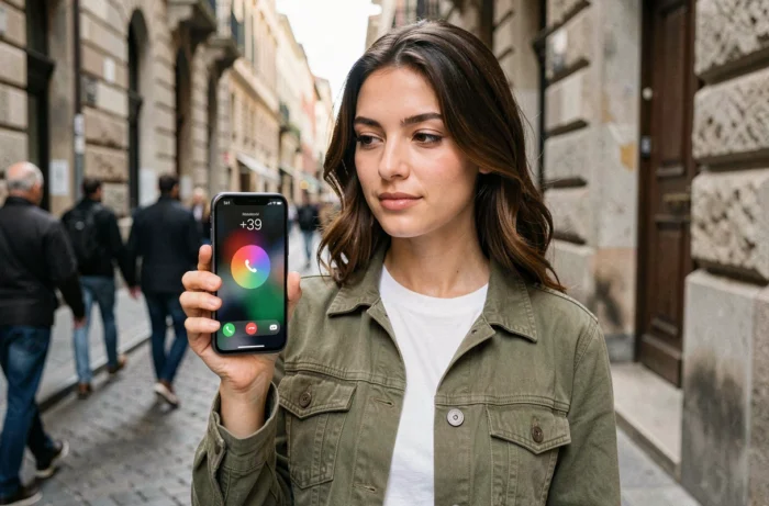 Jeune femme dans la rue consultant un appel entrant avec le préfixe téléphonique international +39 Italie