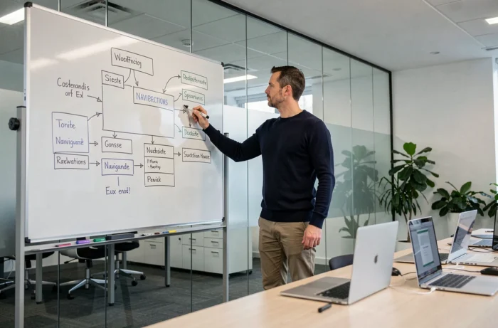 Homme dessinant l'architecture de navigation d'un site web sur un tableau blanc dans une salle de réunion tech