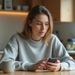 Jeune femme associant son compte Google à son smartphone Android dans une cuisine moderne