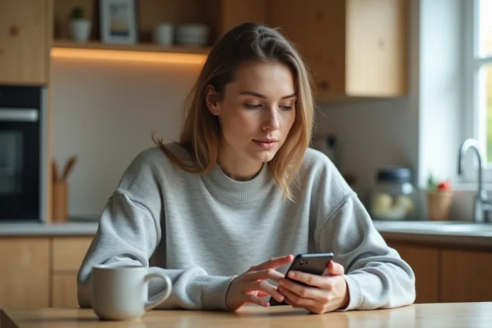 Jeune femme associant son compte Google à son smartphone Android dans une cuisine moderne