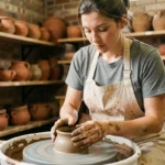 Femme façonnant un bol en céramique sur un tour de potier dans un atelier artisanal aux murs en briques