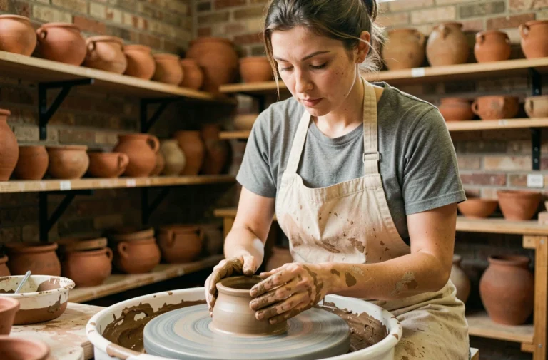 Femme façonnant un bol en céramique sur un tour de potier dans un atelier artisanal aux murs en briques