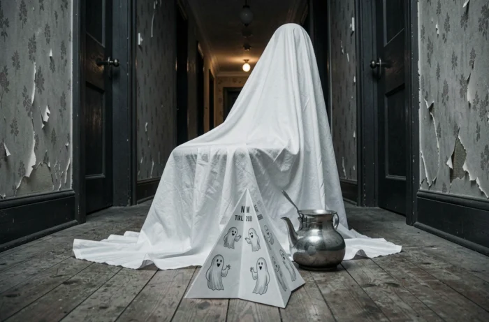 Fantôme fait d'un drap blanc posé devant une cocotte en papier dans un couloir sombre