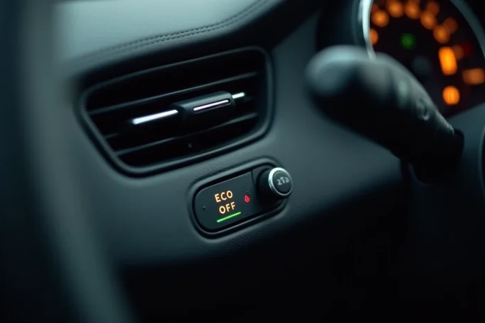 Gros plan sur le bouton et l'indicateur du mode éco désactivé sur le tableau de bord d'une Citroën C3