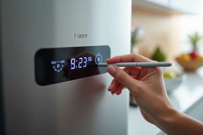 Gros plan sur le bouton de réinitialisation d'un réfrigérateur Haier avec un stylo appuyant sur la touche reset
