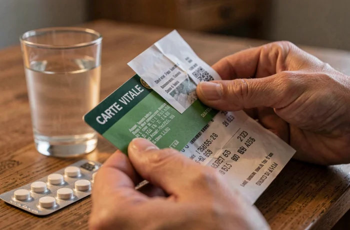Carte Vitale et reçu de consultation chez un médecin de garde posés sur une table