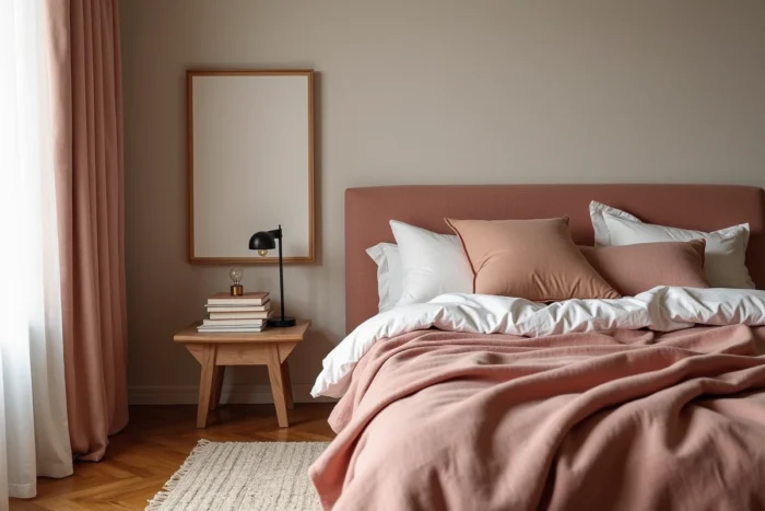 Chambre moderne et cosy avec tête de lit en lin, rug en laine et décoration aux tons terreux
