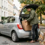 Homme chargeant des cartons de déménagement dans le coffre d'une voiture lors d'un covoiturage déménagement BlaBlaCar