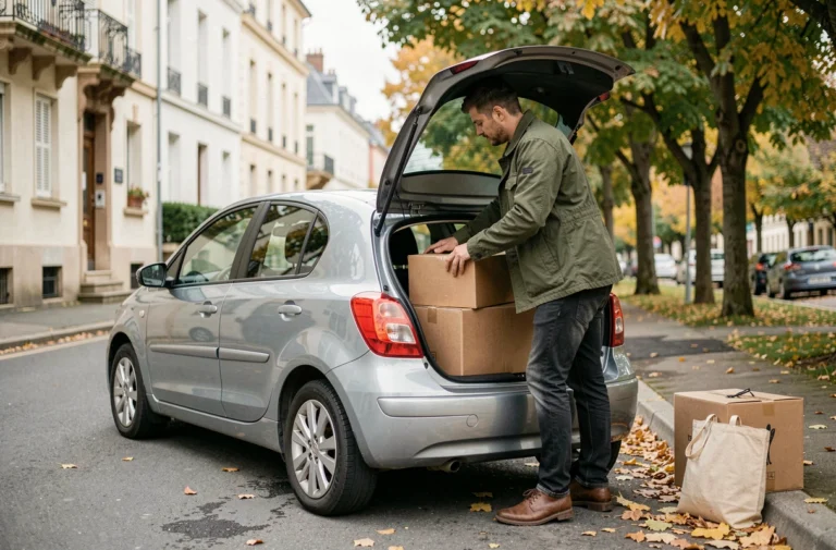 Homme chargeant des cartons de déménagement dans le coffre d'une voiture lors d'un covoiturage déménagement BlaBlaCar