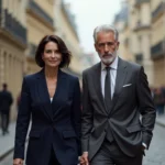 Couple discret et élégant se promenant dans une rue parisienne pavée, illustrant la relation entre Christelle Bigoni et Michel Platini