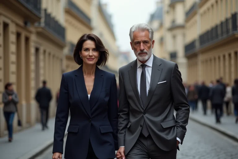 Couple discret et élégant se promenant dans une rue parisienne pavée, illustrant la relation entre Christelle Bigoni et Michel Platini