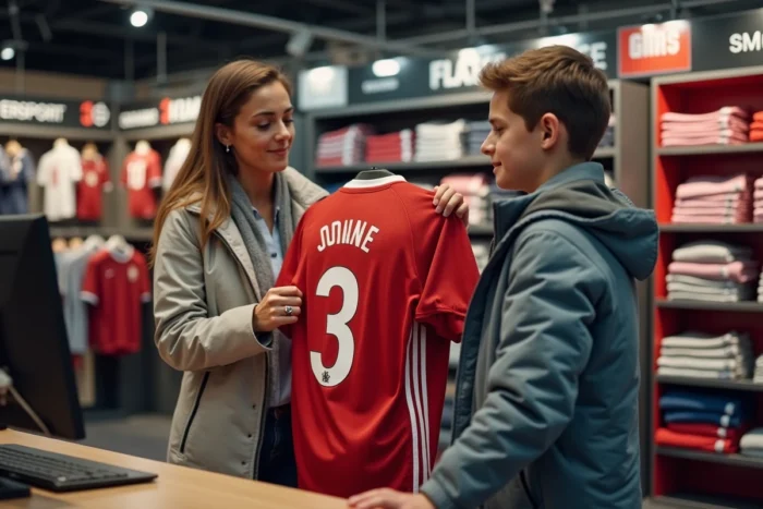 Mère et fils examinant un maillot de sport flocagé au comptoir d'un magasin Intersport