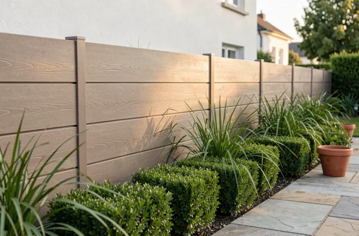 Clôture de jardin en composite avec texture bois dans un jardin résidentiel moderne aménagé avec des graminées et des pavés en pierre