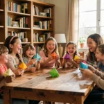 Groupe d'enfants et d'adultes riant ensemble autour d'une table en tenant des cocottes en papier colorées