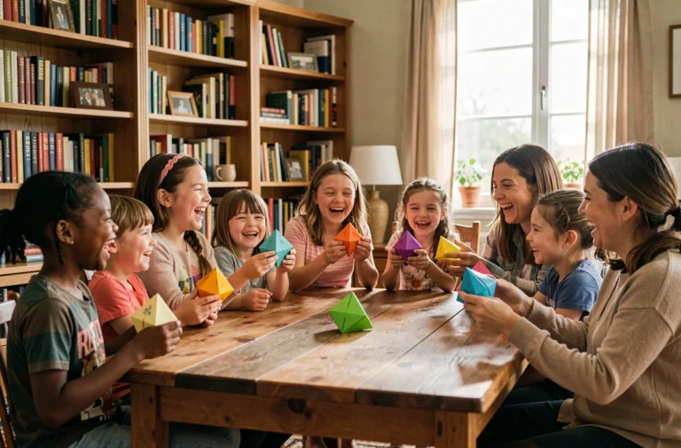 Groupe d'enfants et d'adultes riant ensemble autour d'une table en tenant des cocottes en papier colorées