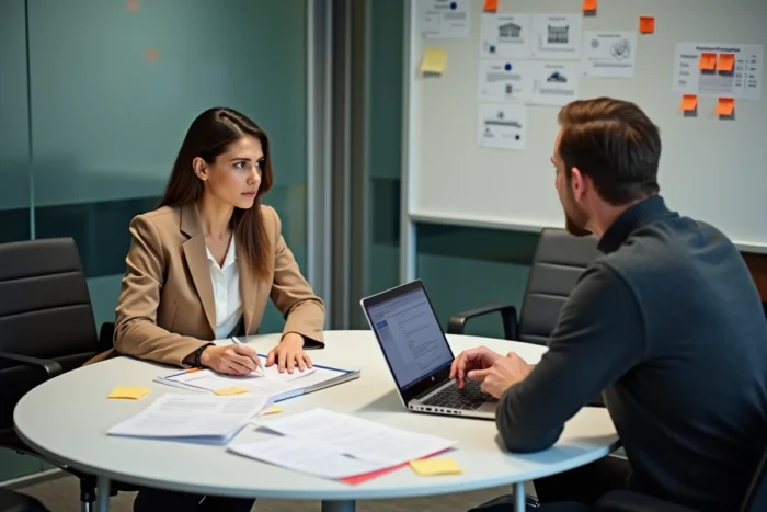Deux professionnels collaborant sur des ressources juridiques européennes lors d'une réunion d'entreprise
