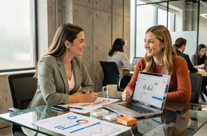 Deux femmes collaborant sur l'optimisation d'une boutique en ligne dans un espace de co-working moderne