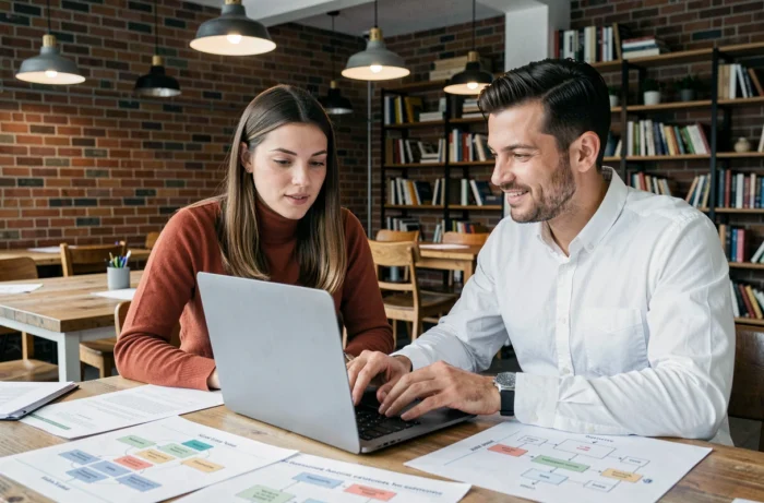 Deux designers UX collaborant sur un plan de site web avec des diagrammes de flux utilisateur dans un espace coworking