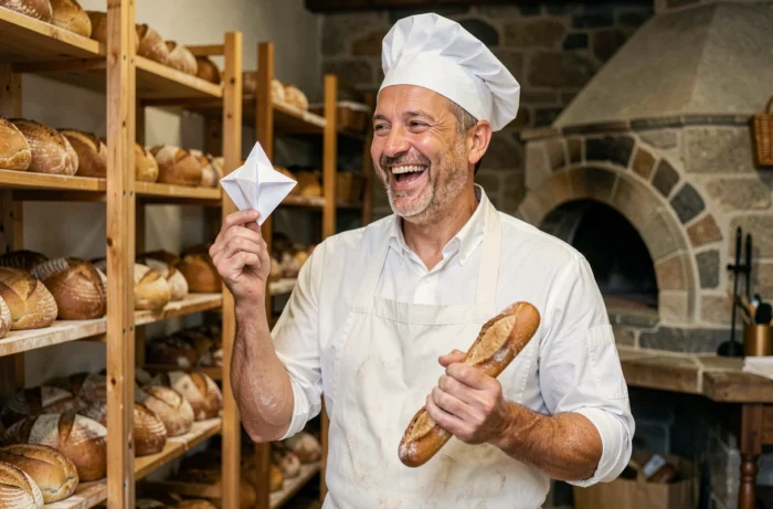 Boulanger riant dans sa boulangerie en tenant une cocotte en papier et une baguette