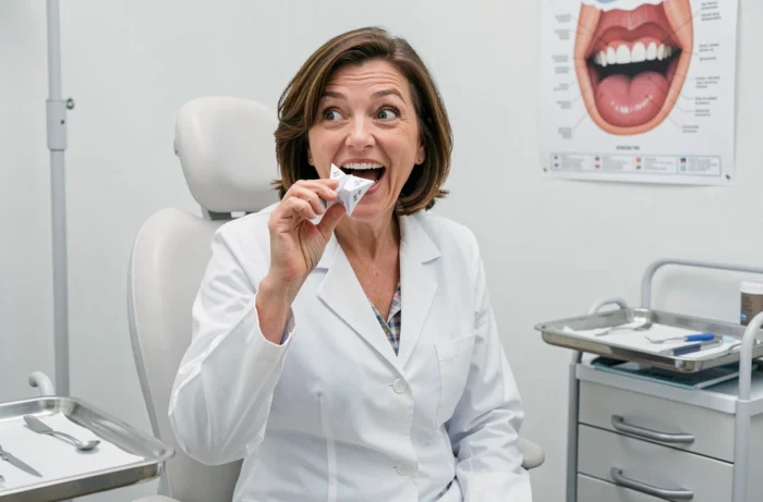 Femme dentiste riant en tenant une cocotte en papier dans son cabinet médical
