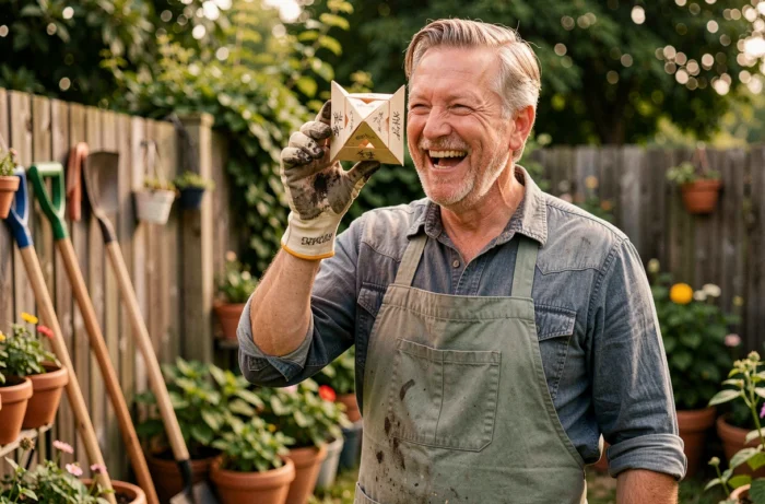 Jardinier souriant tenant une cocotte en papier dans son jardin fleuri