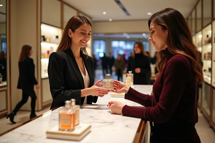 Vendeuse présentant un flacon de parfum de luxe à une cliente au comptoir beauté d'un grand magasin parisien