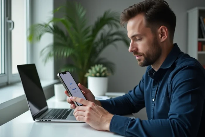 Homme configurant son compte Google sur iPhone dans un bureau à domicile moderne