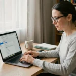 Femme configurant les paramètres IMAP de Gmail sur un ordinateur portable dans un bureau à domicile