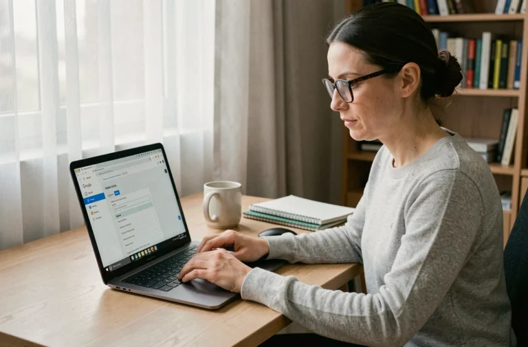 Femme configurant les paramètres IMAP de Gmail sur un ordinateur portable dans un bureau à domicile