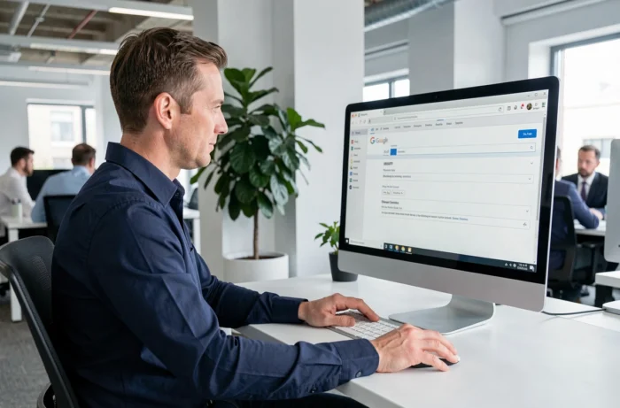 Homme professionnel configurant un client de messagerie avec les paramètres IMAP Gmail en entreprise