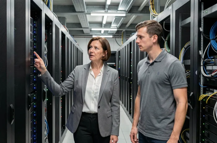 Consultante en infogérance expliquant la gestion des serveurs à un technicien dans une salle informatique sécurisée