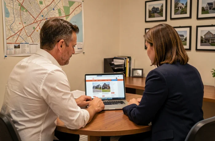 Homme consultant une agente immobilière devant un ordinateur portable avec des annonces de location dans un bureau professionnel