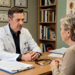 Médecin de garde en consultation avec une patiente dans un cabinet médical français