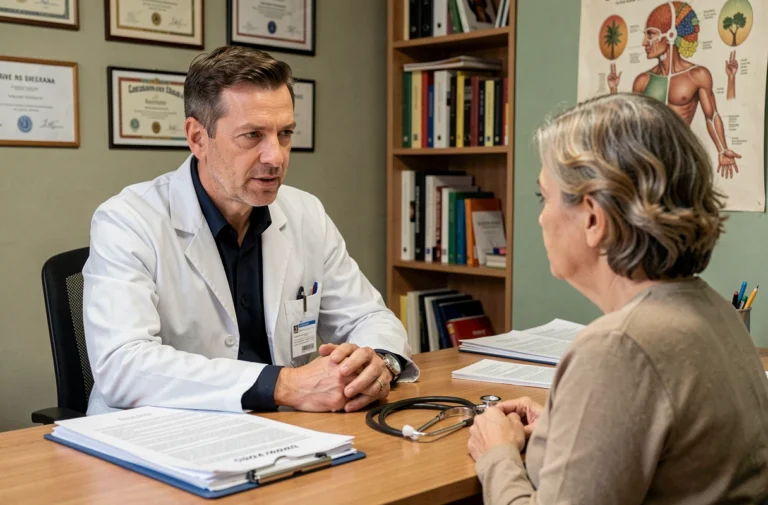 Médecin de garde en consultation avec une patiente dans un cabinet médical français