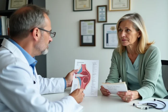 Consultation médicale d'une femme avec son médecin généraliste pour préparer un voyage en avion avec la maladie de Ménière, diagramme de l'oreille interne visible sur le bureau