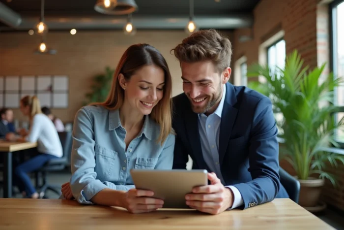 Deux professionnels consultant ensemble une page de contact d'entreprise sur une tablette dans un espace de coworking moderne