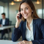 Femme professionnelle en blazer marine utilisant un casque téléphonique dans un bureau moderne pour contacter une équipe de service client