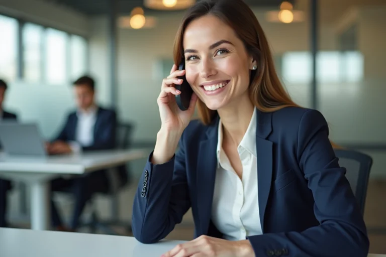 Femme professionnelle en blazer marine utilisant un casque téléphonique dans un bureau moderne pour contacter une équipe de service client