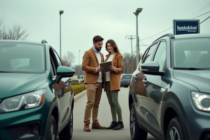 Couple comparant deux modèles de voitures devant un concessionnaire automobile en plein air