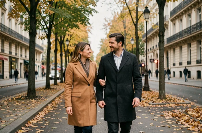 Couple discret marchant sur un boulevard parisien en automne, illustrant la vie privée et le parcours effacé de l'épouse de François-Xavier Bellamy