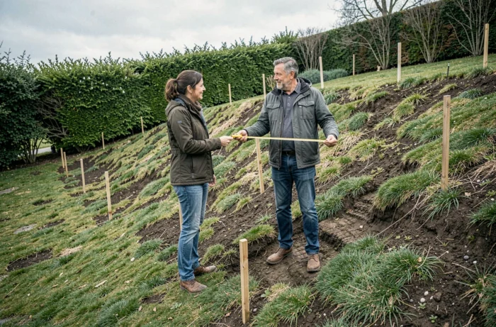 Couple discutant du budget de terrassement avec un entrepreneur sur leur terrain en pente